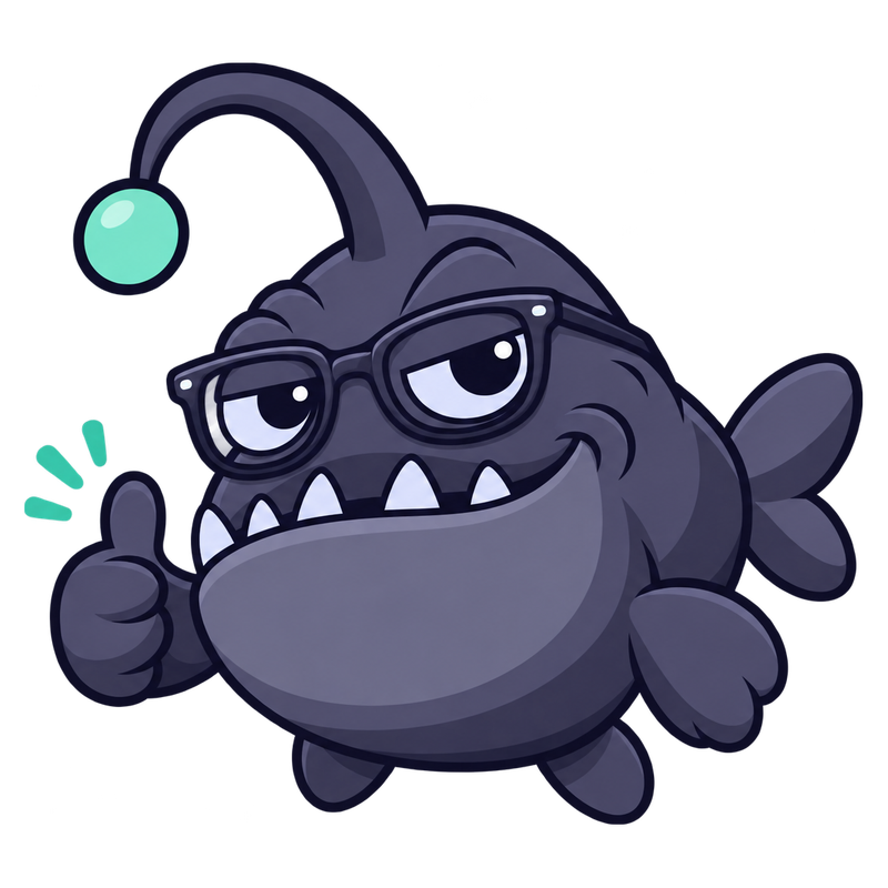The furnizsh mascot: a cartoon anglerfish in glasses giving a thumbs up, with a glowing lure.